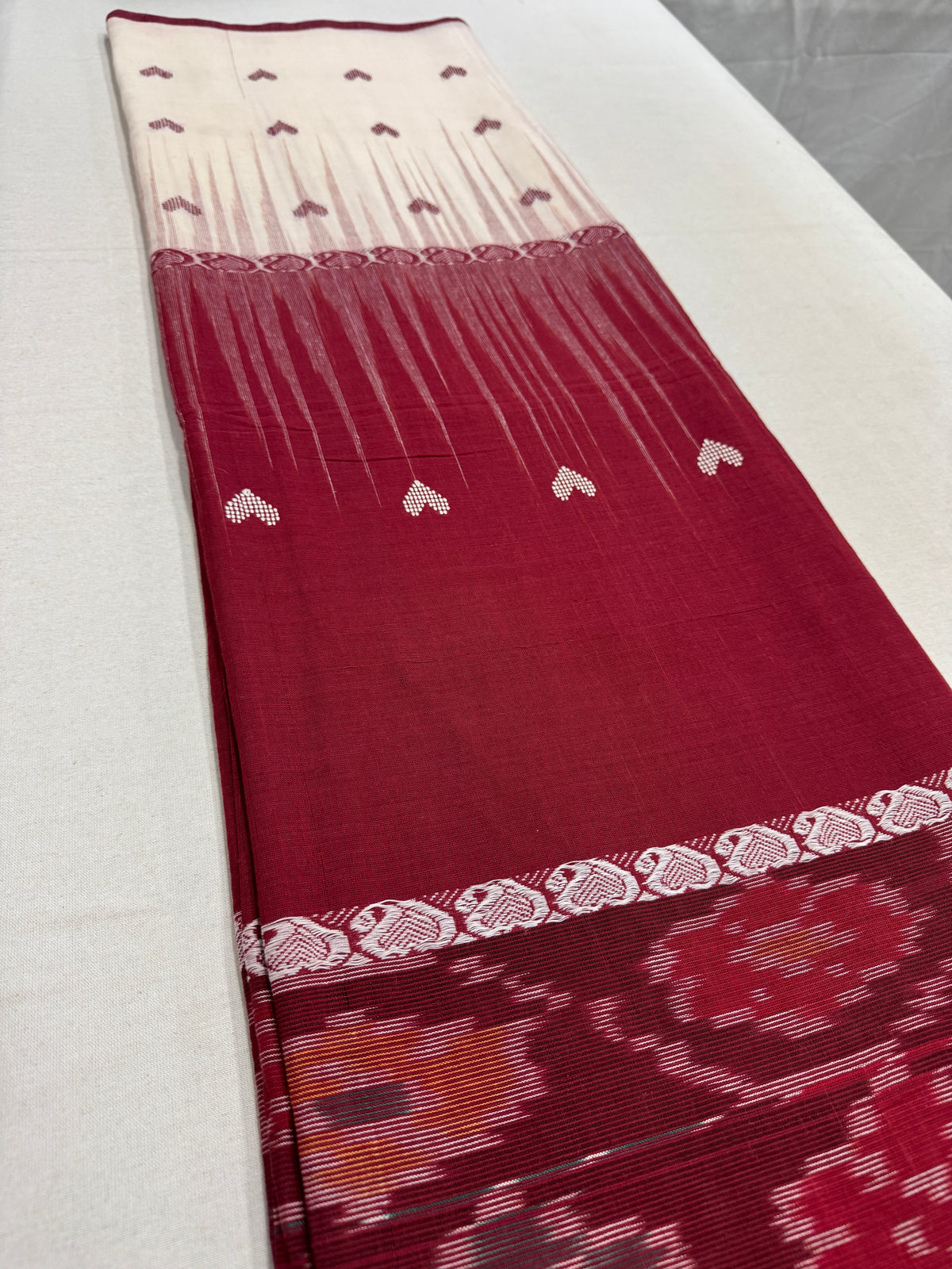 Pritha : Beige and Maroon Dhaniakhali Soft Cotton Saree with Kotki Border