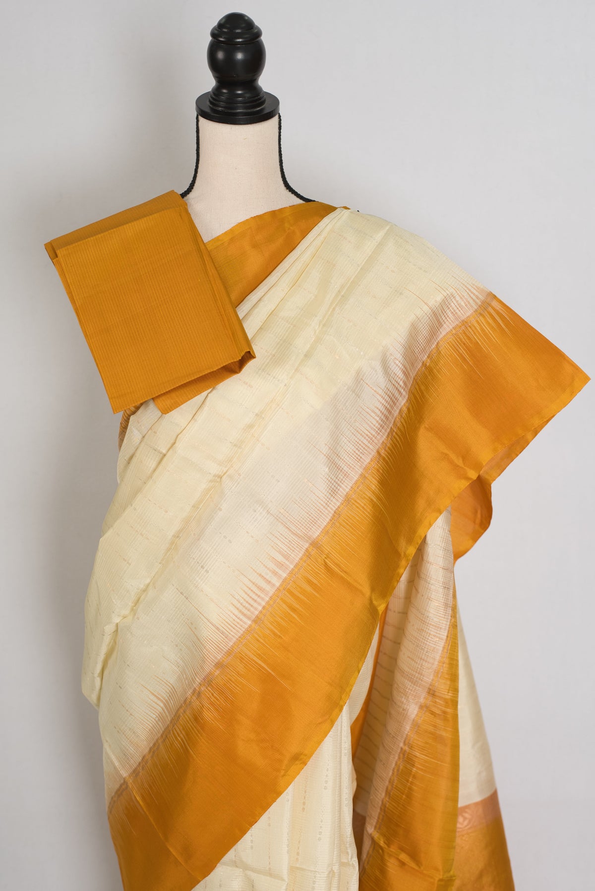 Priya : Cream & Mustard Yellow Pure Silk Kanjivaram Saree | Silk Mark Certified