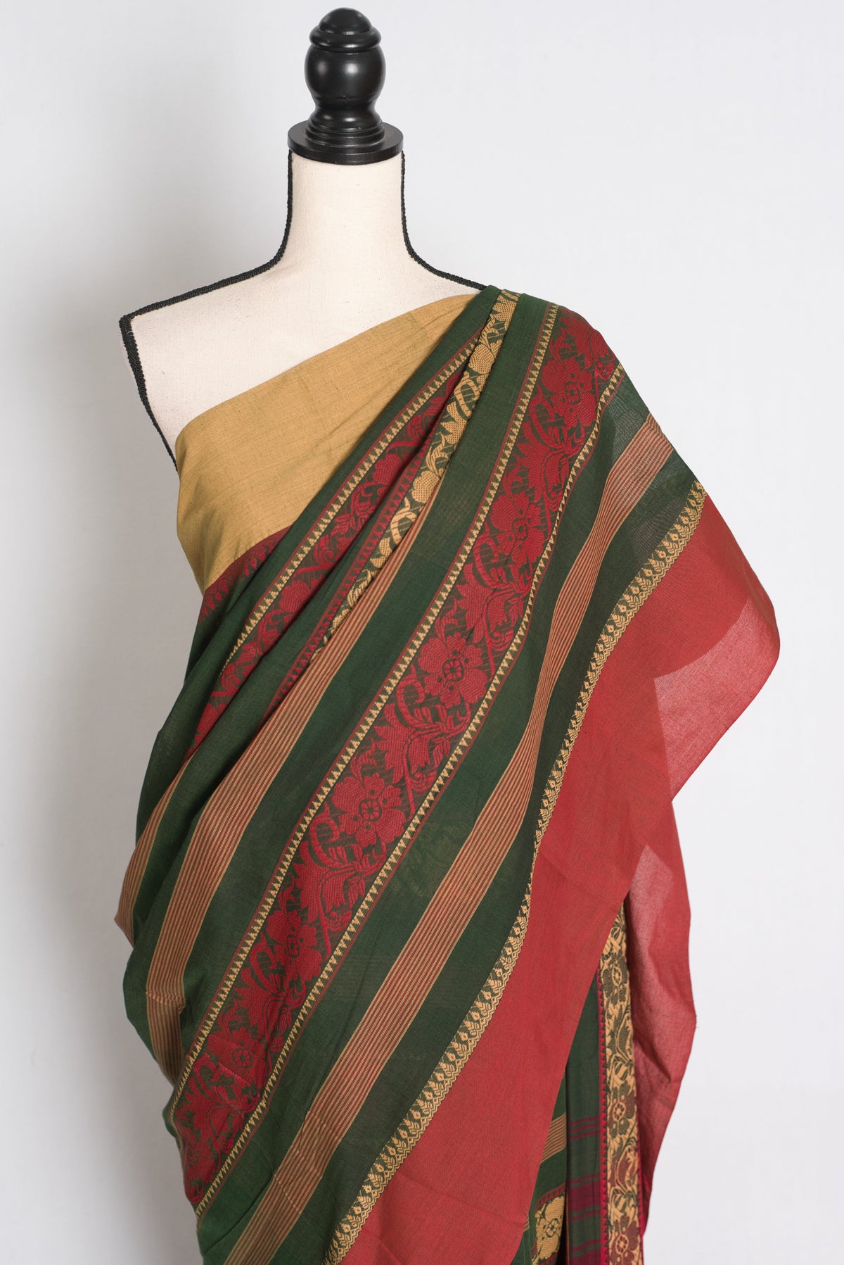Ajanta : Bottle Green and Red Dhaniakhali Bengal Handloom Pure Soft Cotton Saree