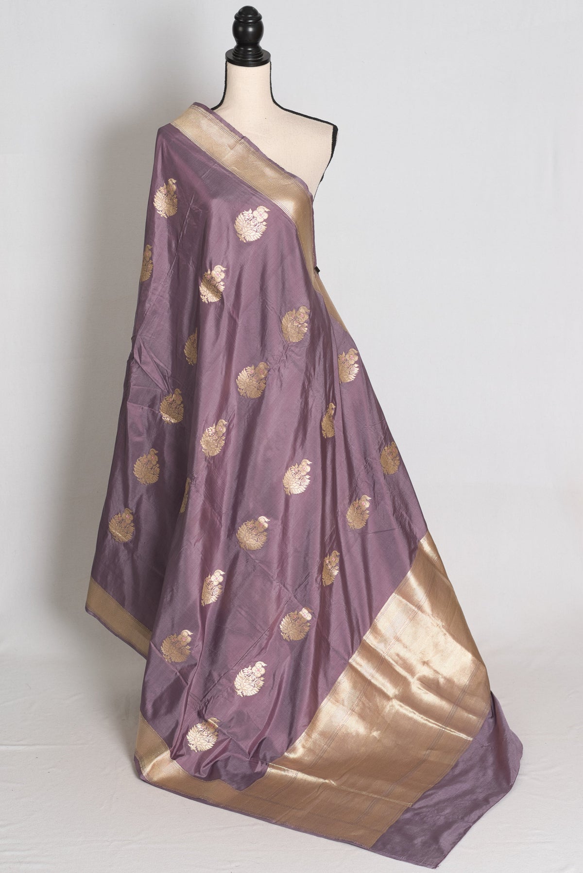 Sudha: Mauve and Gold Banarasi Katan Silk Saree with 40 Size Stitched Blouse