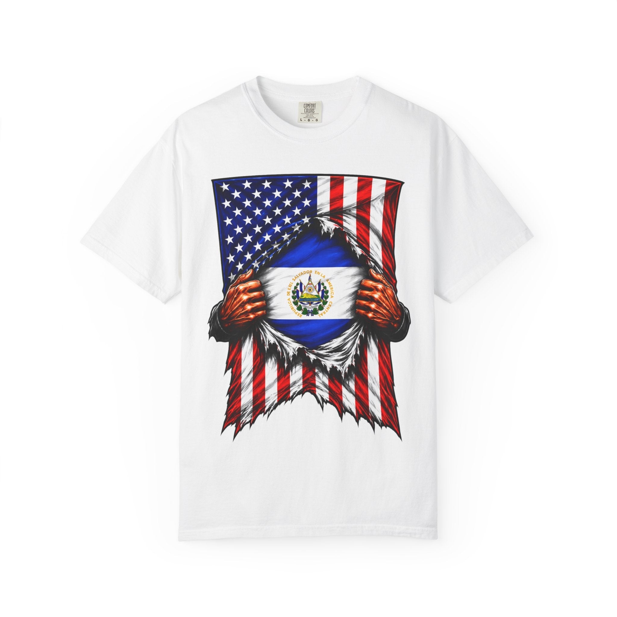 El Salvador Flag + USA Flag Pride T-shirt | Salvadorian + American Flag Rip 4th Of July | Funny Viral Latino Tees | Unisex - 4 Colors