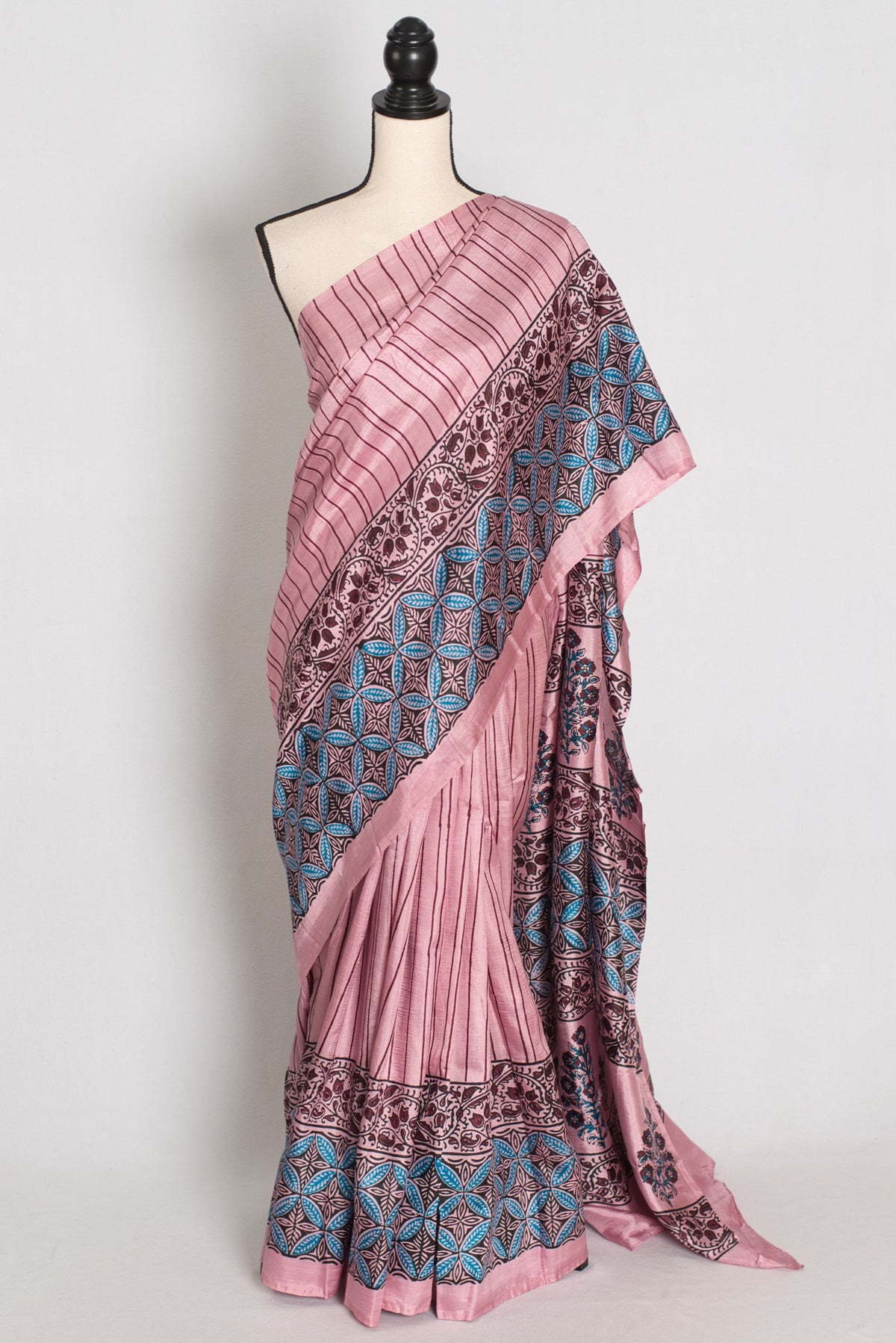Archana : Soft Pink and Black Hand Block Printed Murshidabad Silk Saree