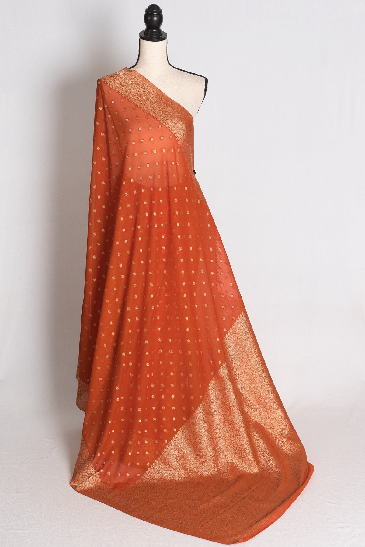 Mahi: Rust Brown Lightweight Semi Georgette Banarasi Saree with 38 Size Blouse