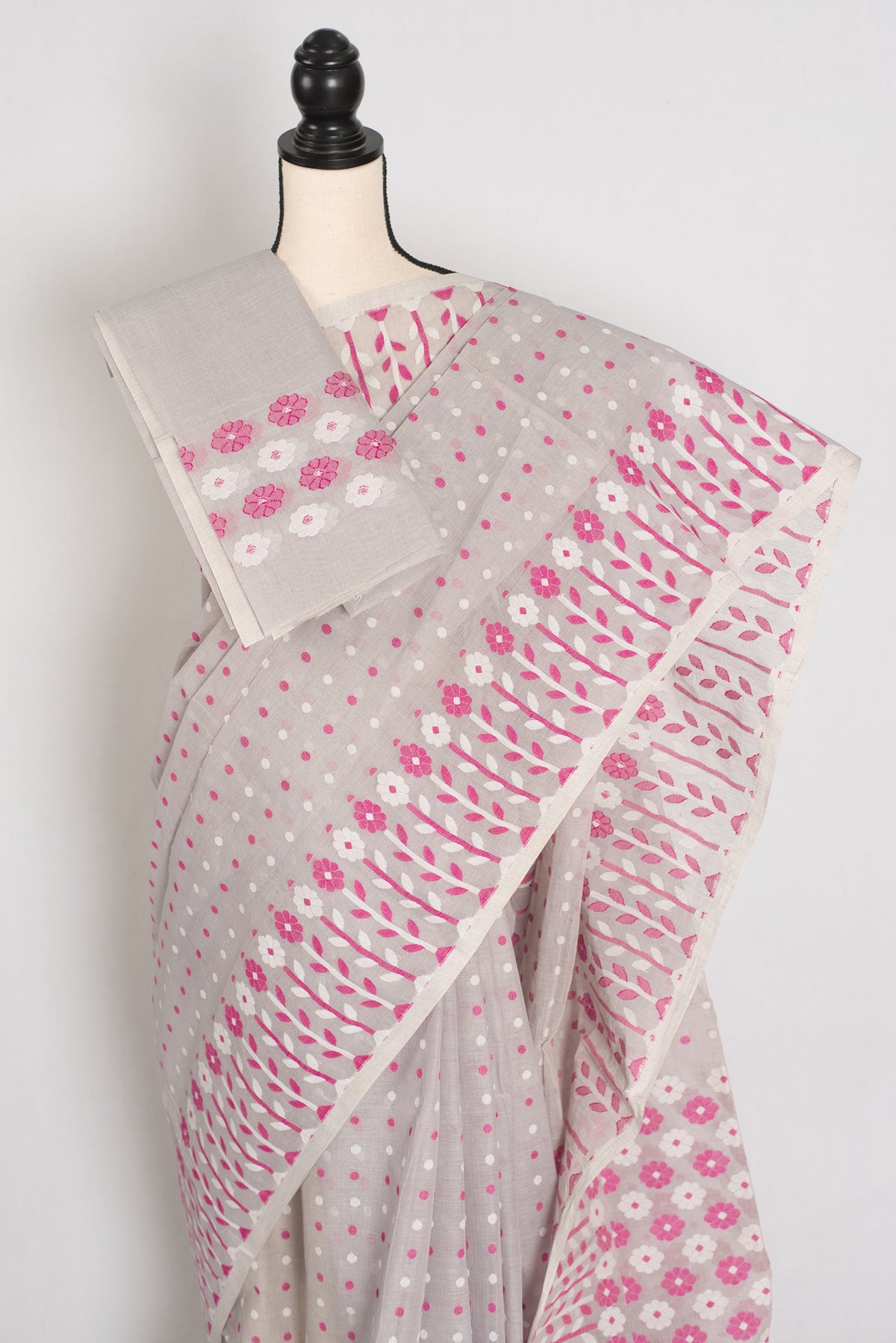 Geeta: Gray, Pink and White Pure Cotton Jamdani Saree with Blouse
