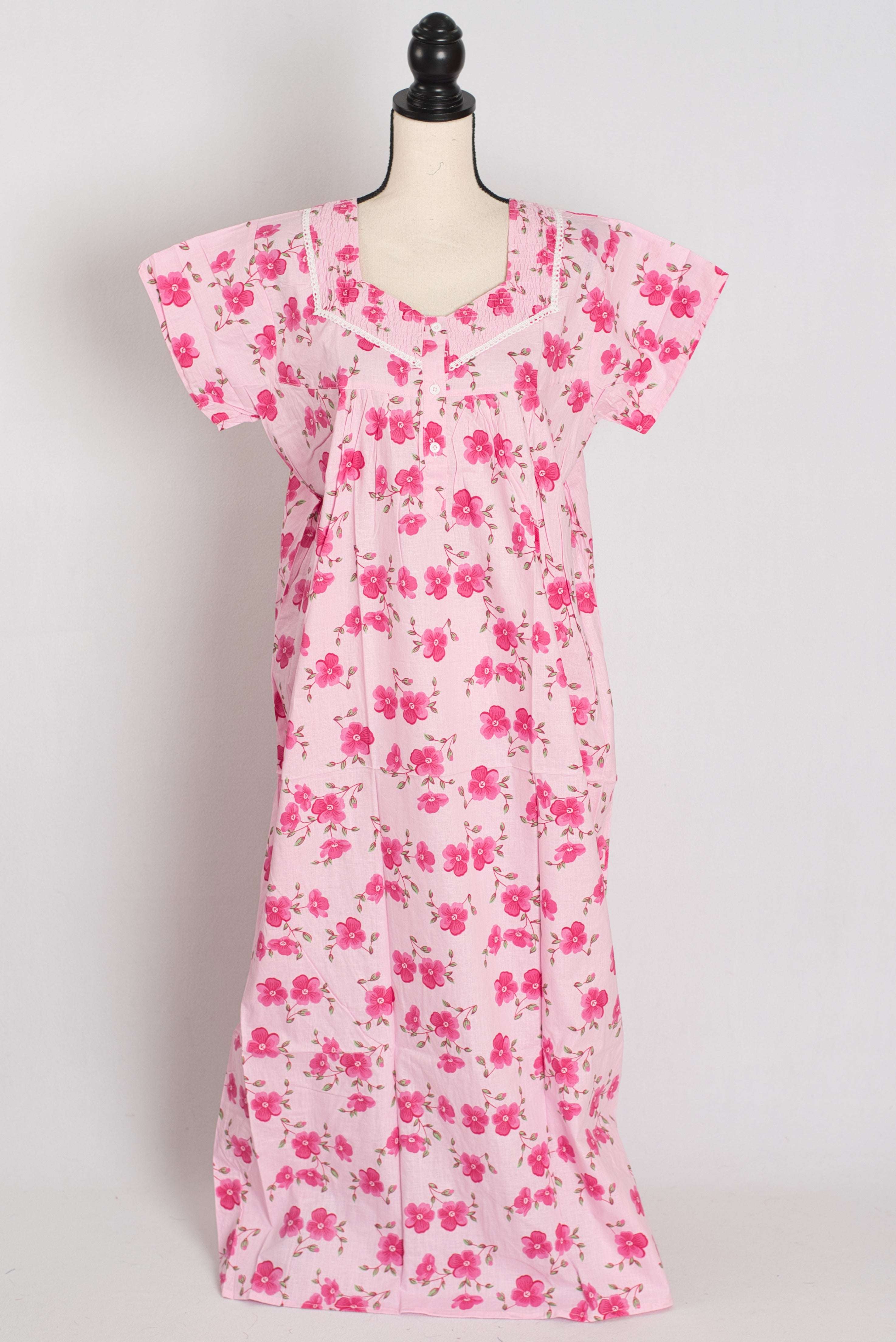 Floral Printed Pink Women Indian Cotton Nighty in Regular Size