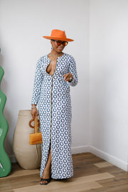 FARIDA AFRICAN PRINT LONG SLEEVE FRONT ZIP MAXI DRESS [WHITE]