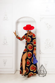 FARIDA AFRICAN PRINT LONG SLEEVE FRONT ZIP MAXI DRESS [RED]