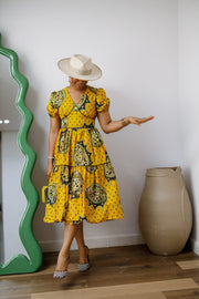 AYO AFRICAN PRINT PUFF-SLEEVE TIERED MIDI DRESS