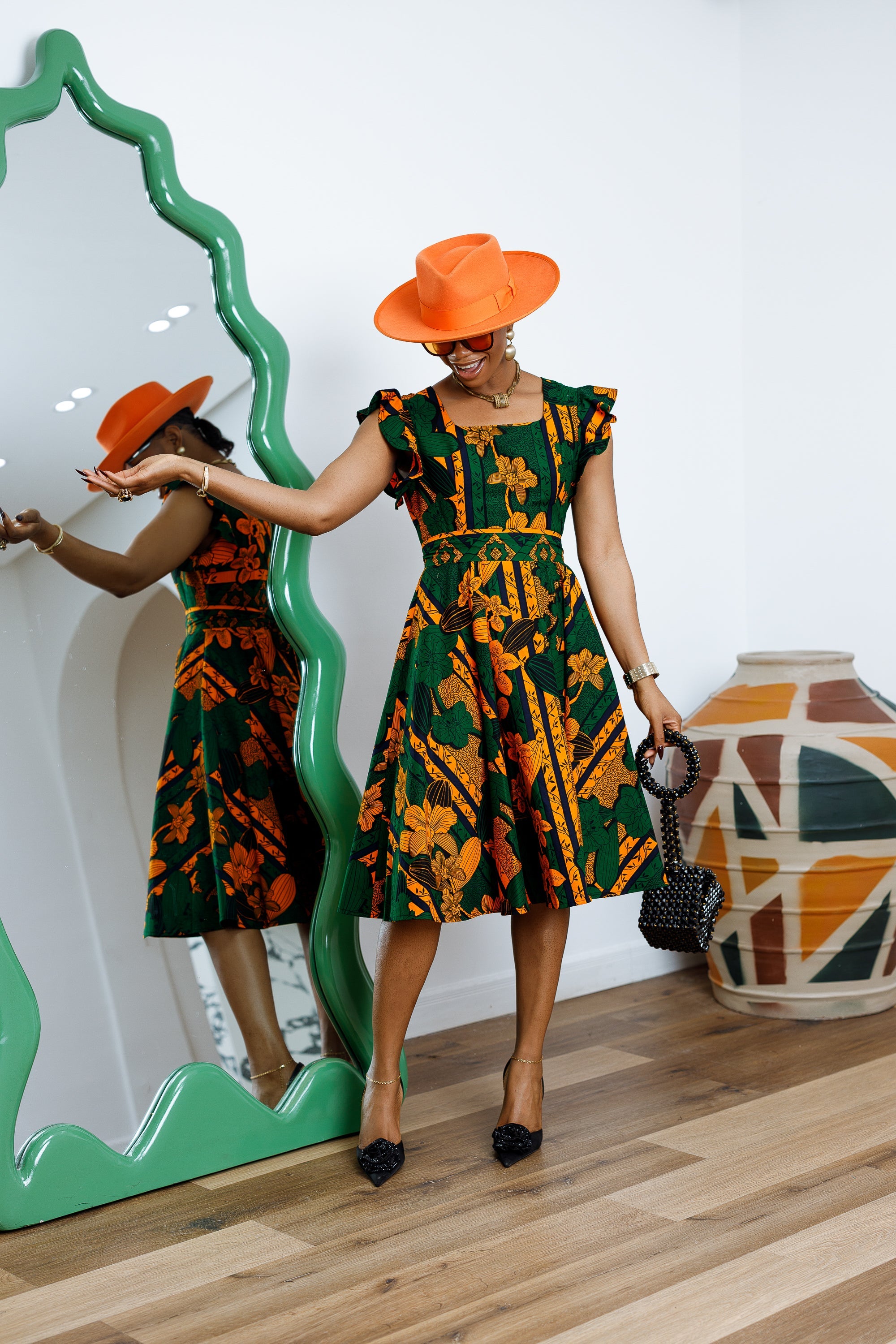 MALIKA AFRICAN PRINT FRILL SLEEVE DRESS