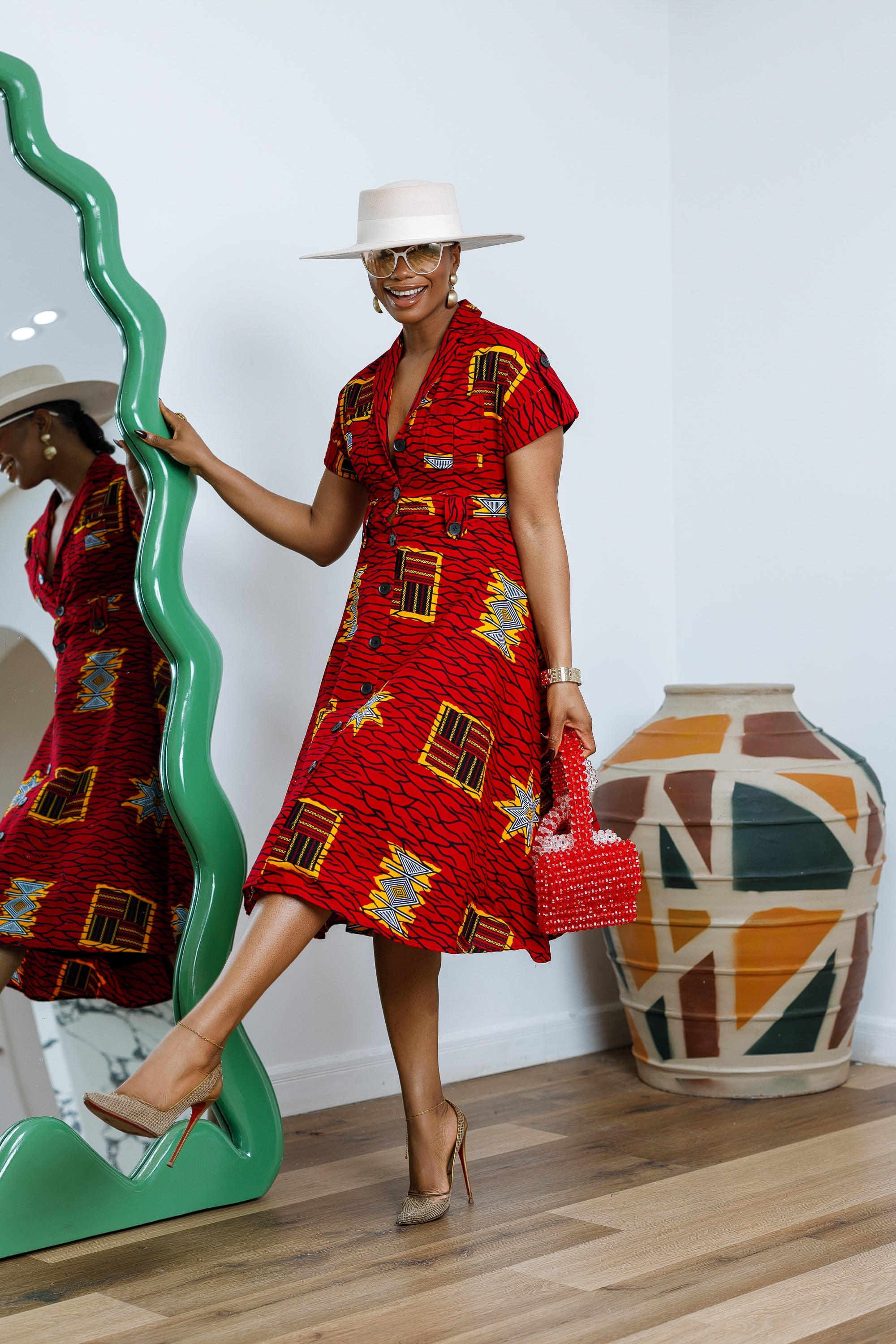 JULIET AFRICAN PRINT MIDI DRESS [RED]