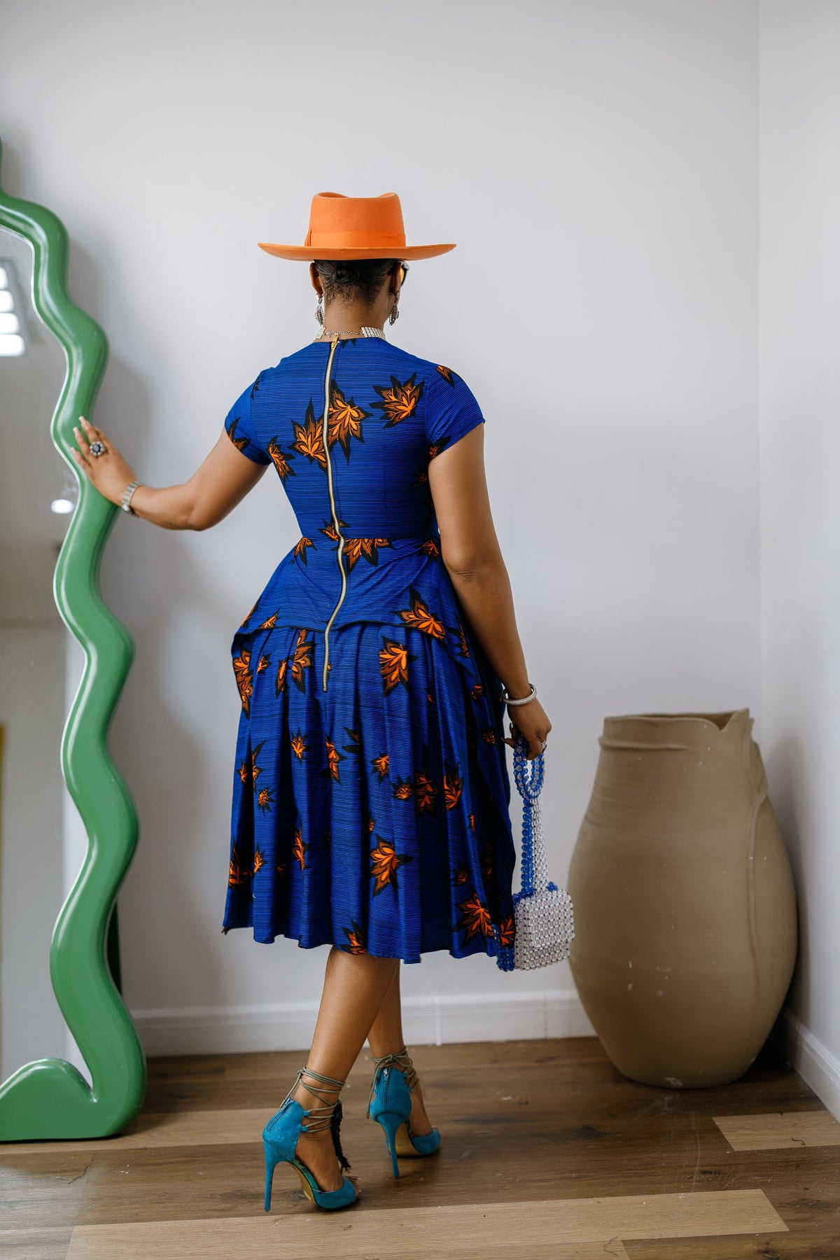 ADESEWA AFRICAN PRINT PEPLUM MIDI DRESS [BLUE]