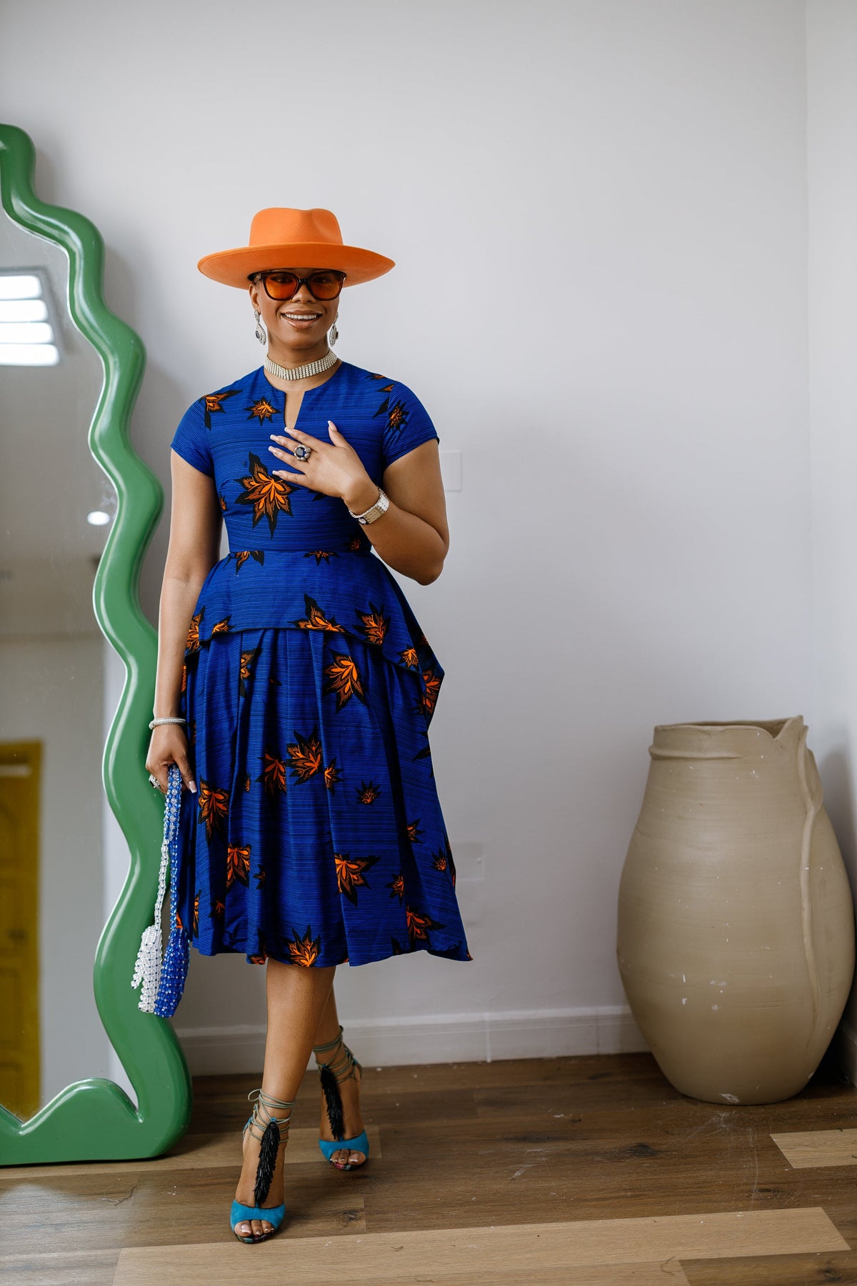 ADESEWA AFRICAN PRINT PEPLUM MIDI DRESS [BLUE]