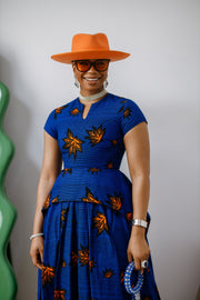 ADESEWA AFRICAN PRINT PEPLUM MIDI DRESS [BLUE]