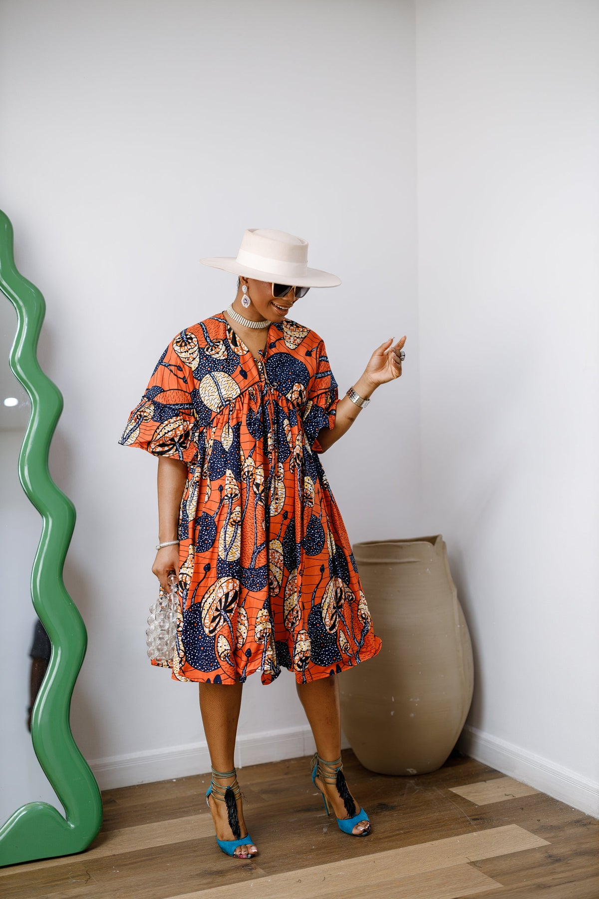 MILA AFRICAN PRINT FLOWY MIDI DRESS [ORANGE]