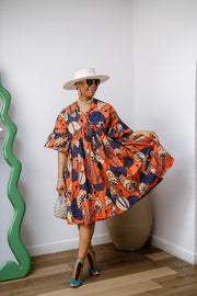 MILA AFRICAN PRINT FLOWY MIDI DRESS [ORANGE]
