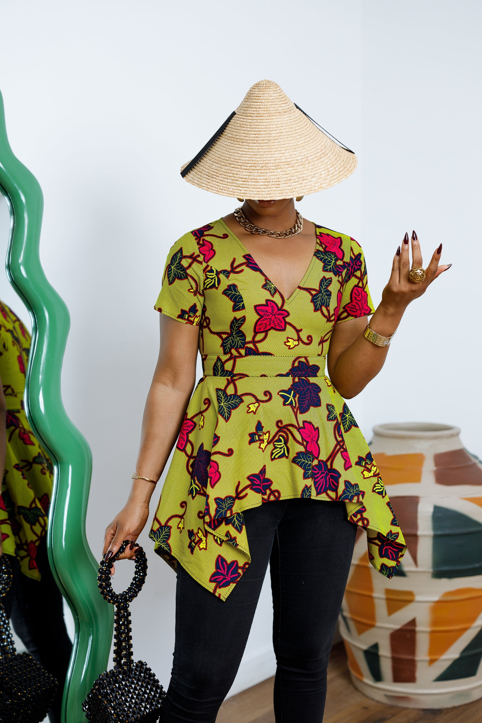 EBUN AFRICAN PRINT ASYMMETRIC PEPLUM TOP [GREEN]