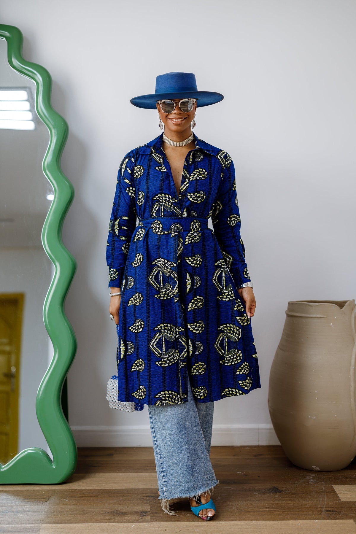 RHODA AFRICAN PRINT LONGLINE SHIRT [BLUE]