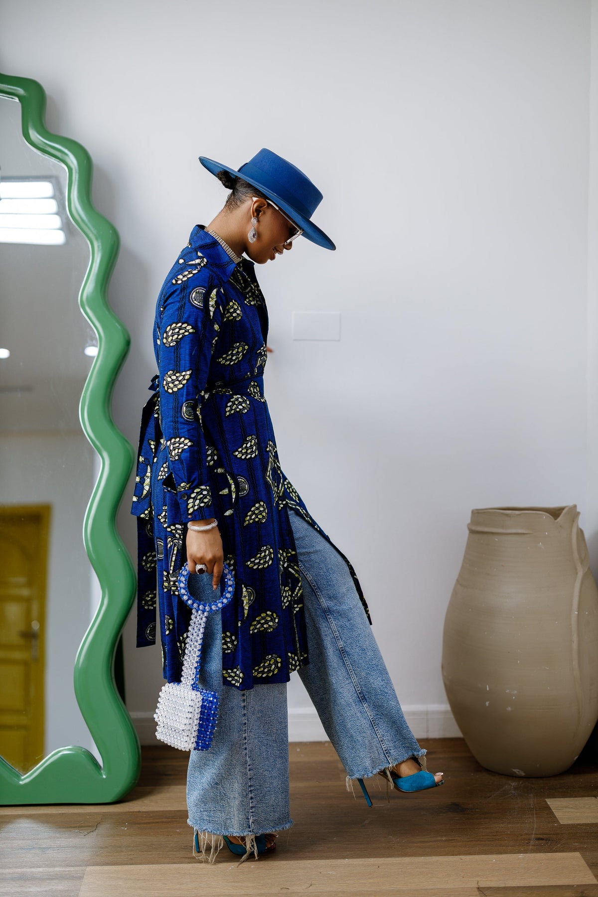 RHODA AFRICAN PRINT LONGLINE SHIRT [BLUE]