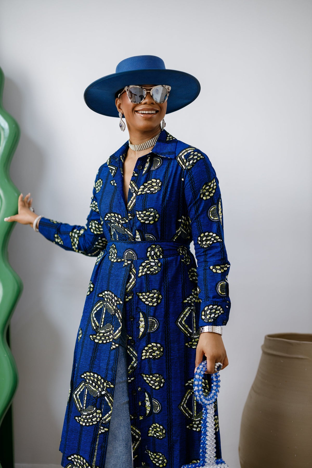 RHODA AFRICAN PRINT LONGLINE SHIRT [BLUE]