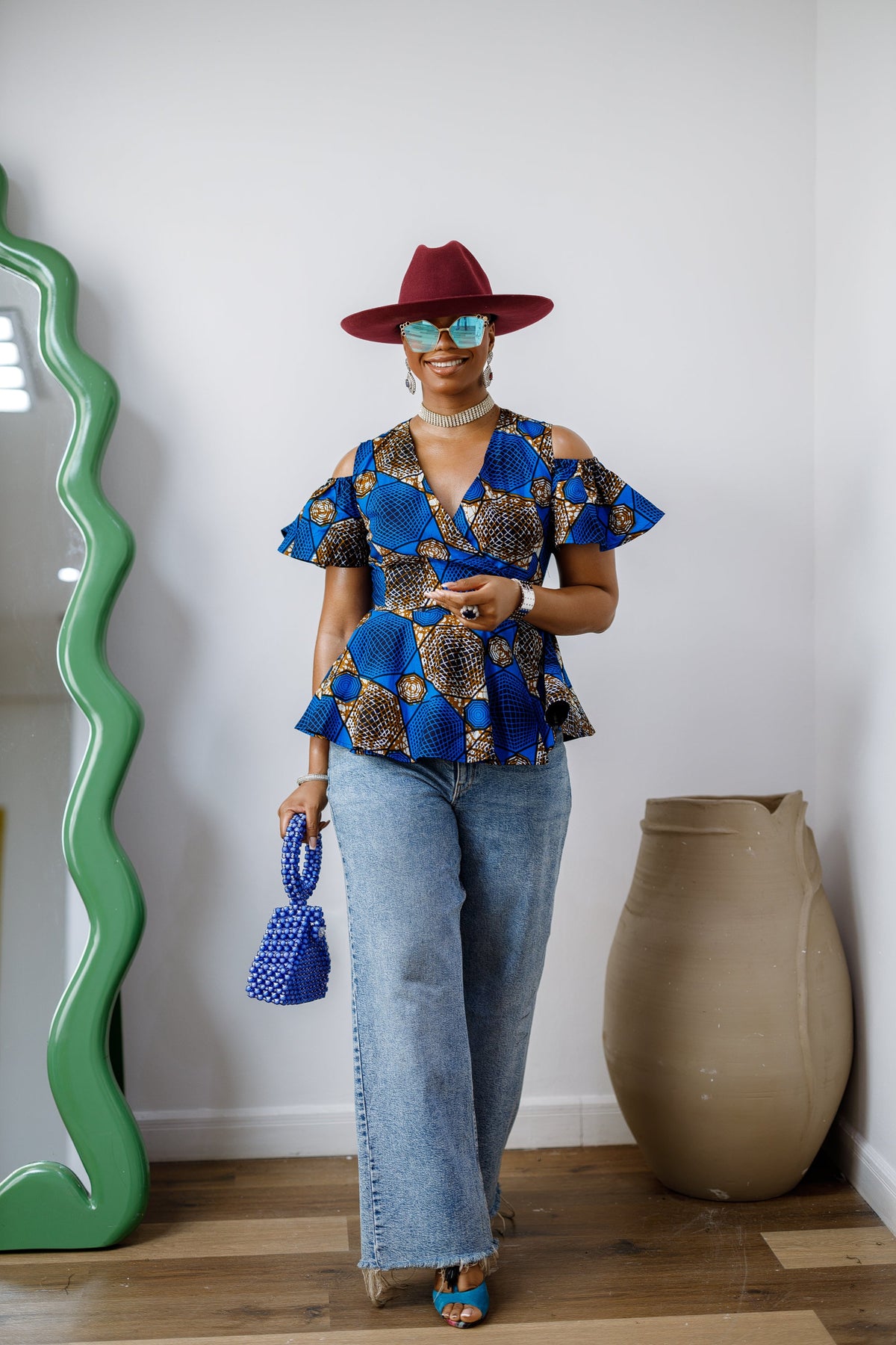 JEMIMA AFRICAN PRINT COLD SHOULDER WRAP TOP [BLUE]