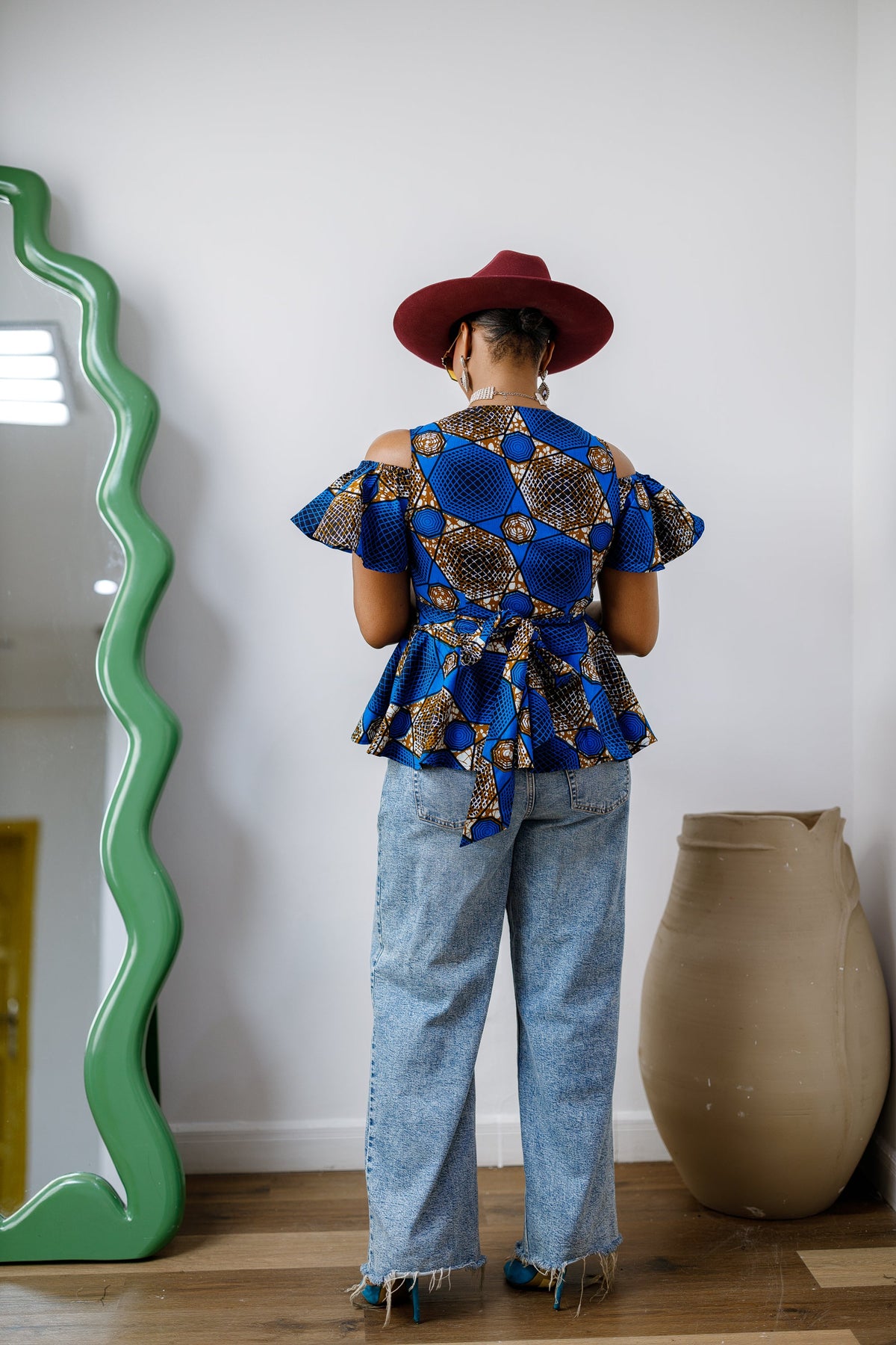 JEMIMA AFRICAN PRINT COLD SHOULDER WRAP TOP [BLUE]