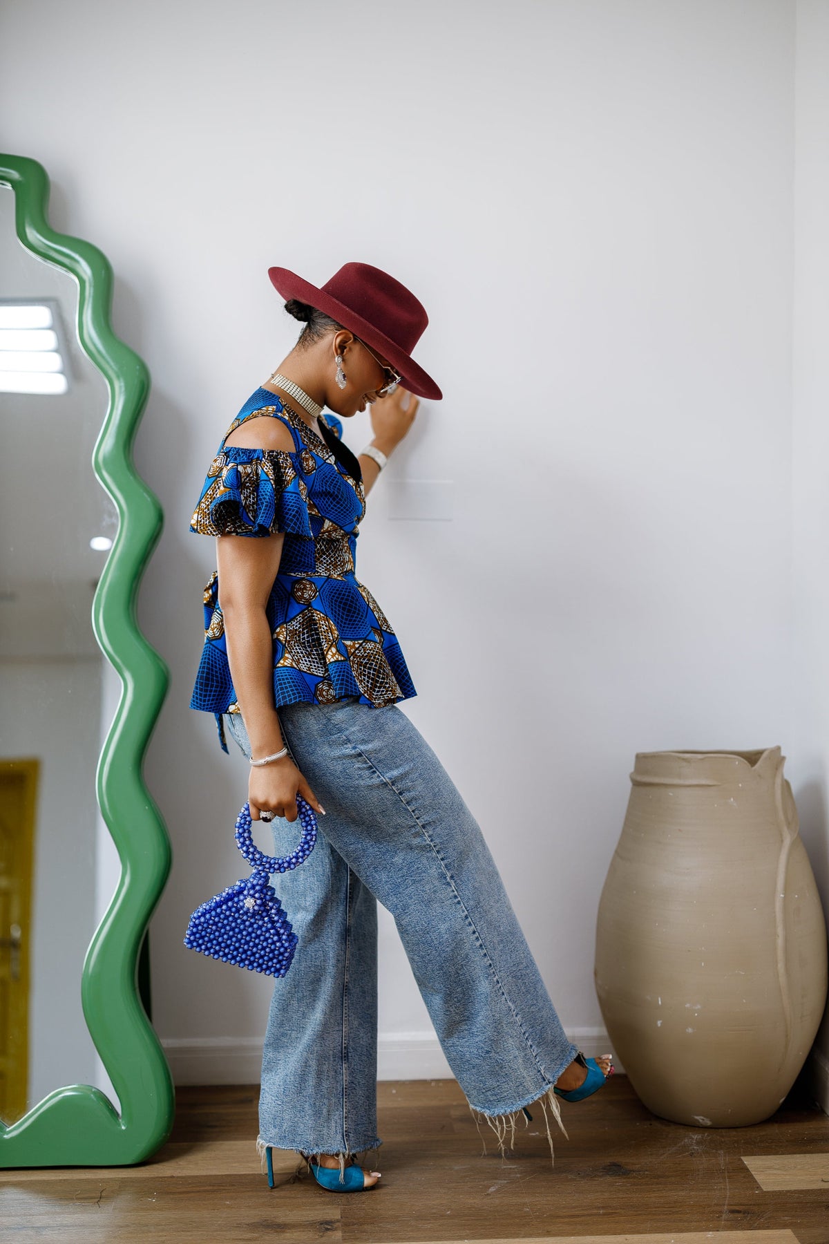 JEMIMA AFRICAN PRINT COLD SHOULDER WRAP TOP [BLUE]