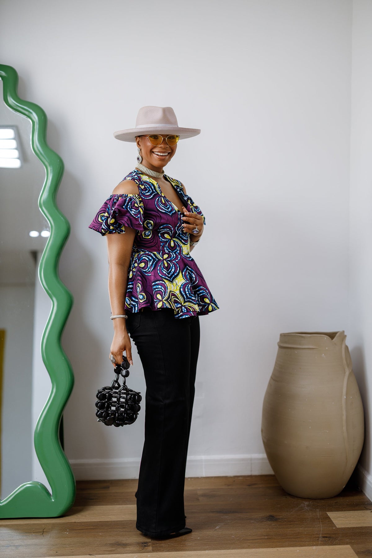 JEMIMA AFRICAN PRINT COLD SHOULDER WRAP TOP [PURPLE]