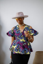 JEMIMA AFRICAN PRINT COLD SHOULDER WRAP TOP [PURPLE]