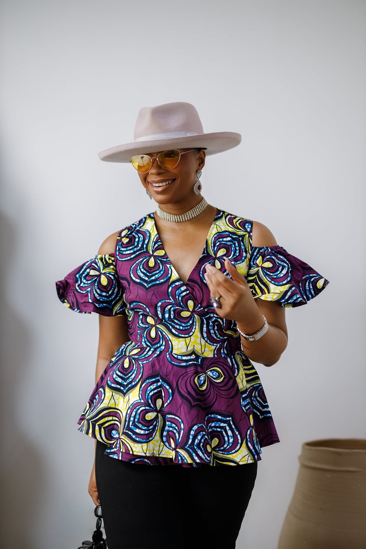 JEMIMA AFRICAN PRINT COLD SHOULDER WRAP TOP [PURPLE]