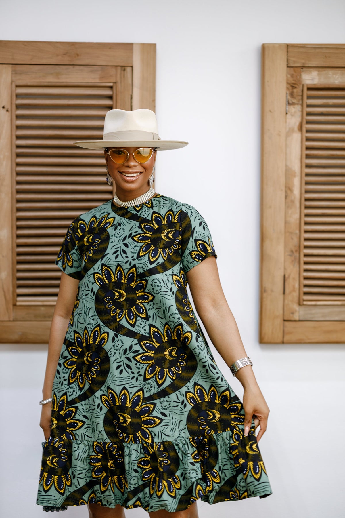BIMI AFRICAN PRINT TIERED MIDI DRESS