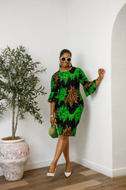 TASSI AFRICAN PRINT BELL SLEEVE MIDI DRESS [GREEN]----FINAL SALE