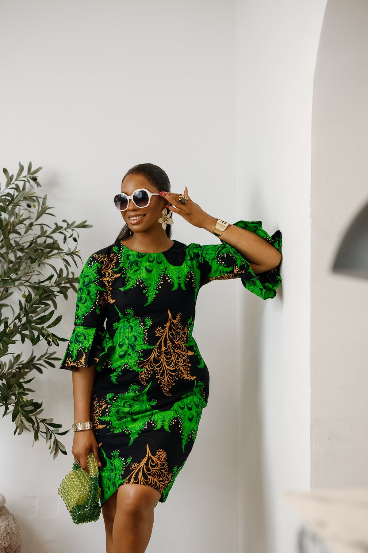 TASSI AFRICAN PRINT BELL SLEEVE MIDI DRESS [GREEN]----FINAL SALE