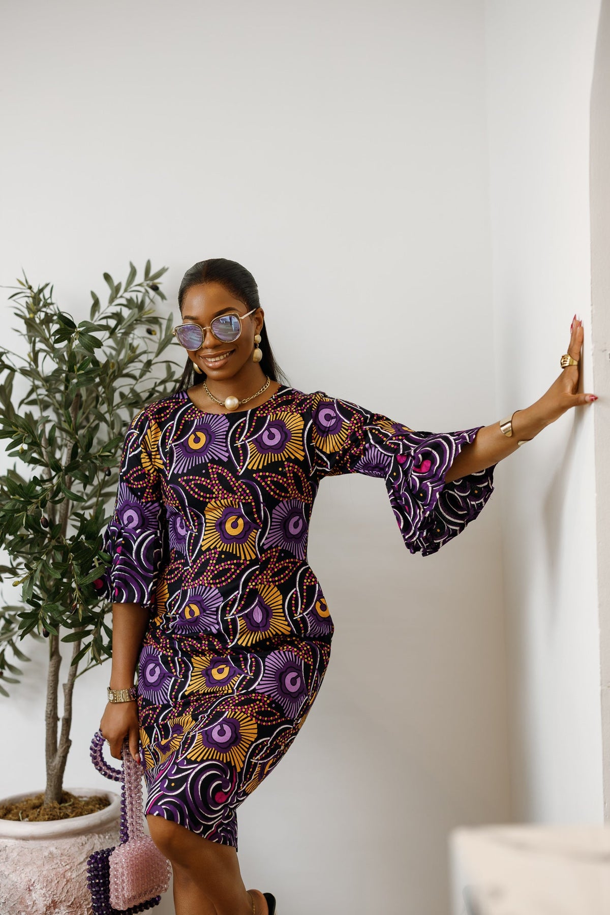 TASSI AFRICAN PRINT BELL SLEEVE MIDI DRESS [PURPLE]