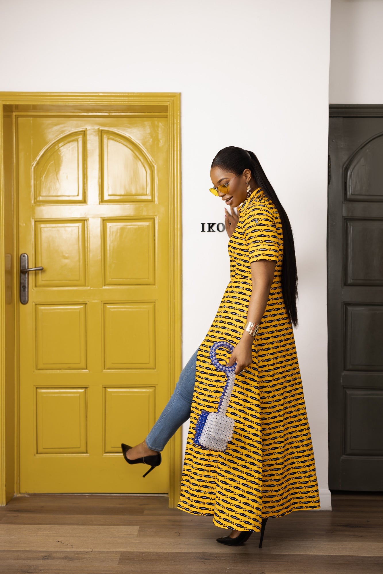 FOLA AFRICAN PRINT COLLARED ZIP FRONT TOP DRESS [YELLOW]
