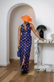 HALIMA AFRICAN PRINT MAXI FRONT ZIP DRESS [BLUE]