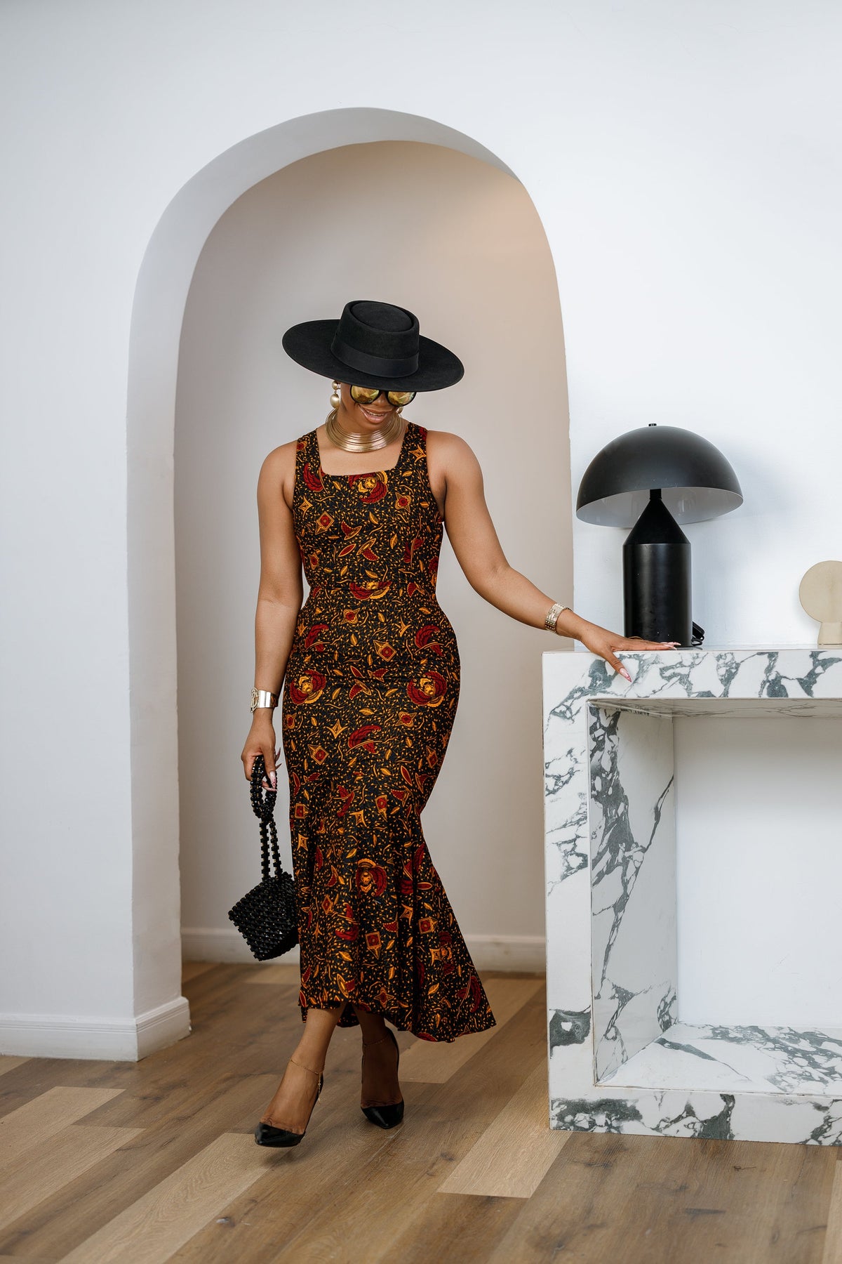 EYI AFRICAN PRINT SLEEVELESS SCOOP NECK MIDI DRESS----FINAL SALE
