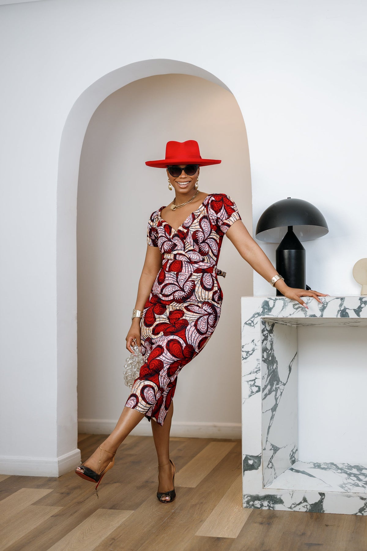 IDIA AFRICAN PRINT V-NECK PUFF SLEEVE MIDI DRESS [RED]