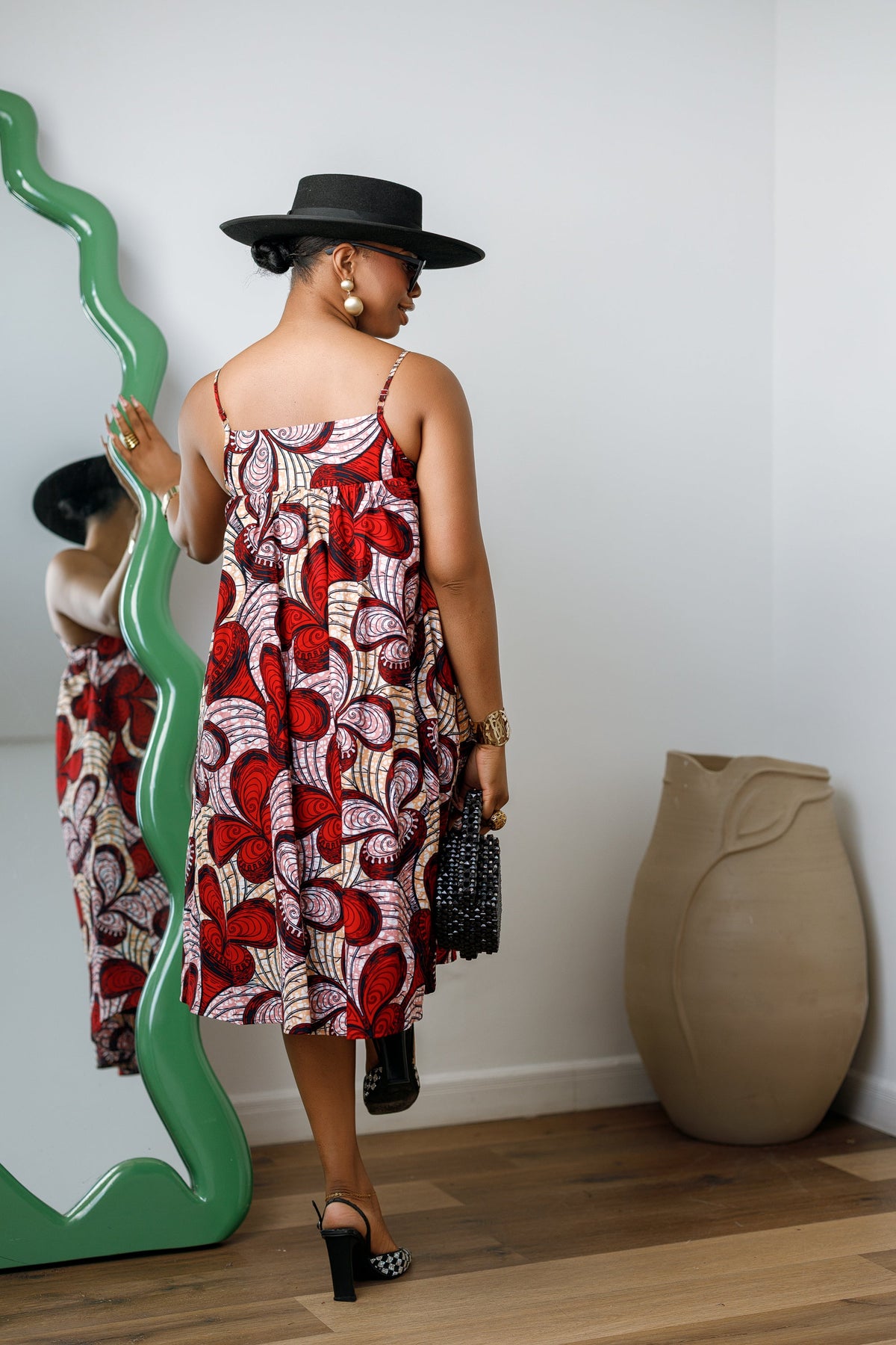 ELSIE AFRICAN PRINT SPAGHETTI STRAP MIDI DRESS [RED]----FINAL SALE