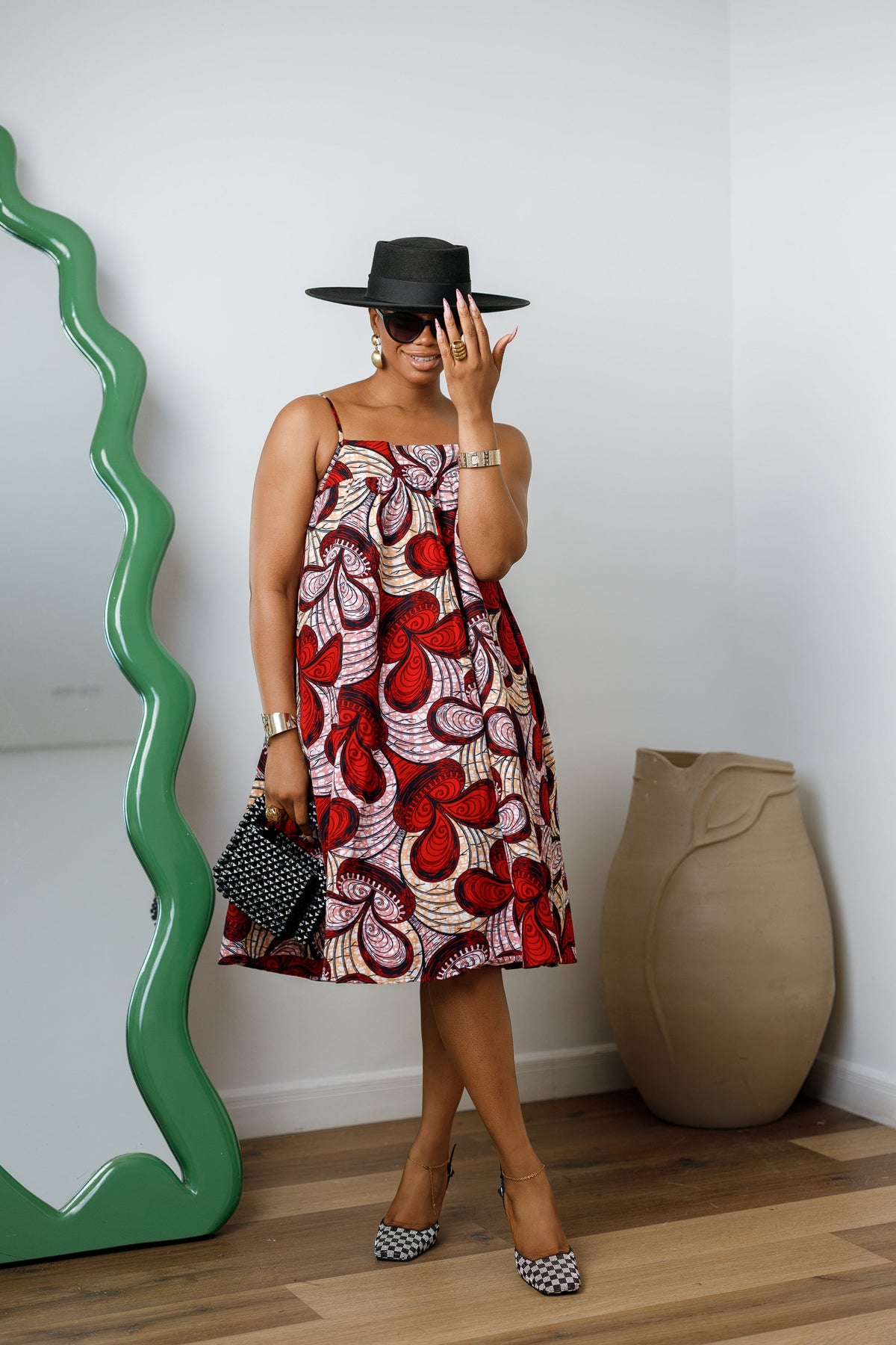 ELSIE AFRICAN PRINT SPAGHETTI STRAP MIDI DRESS [RED]----FINAL SALE