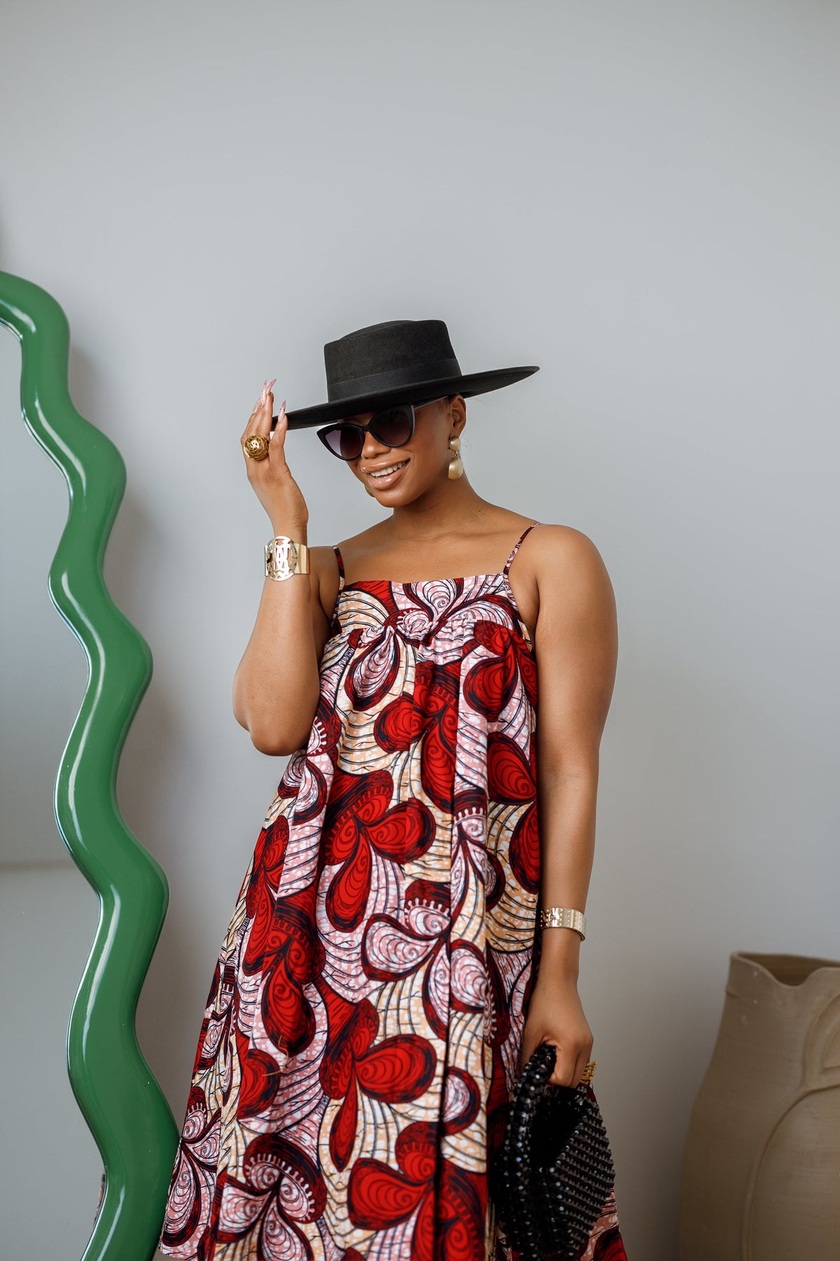 ELSIE AFRICAN PRINT SPAGHETTI STRAP MIDI DRESS [RED]----FINAL SALE
