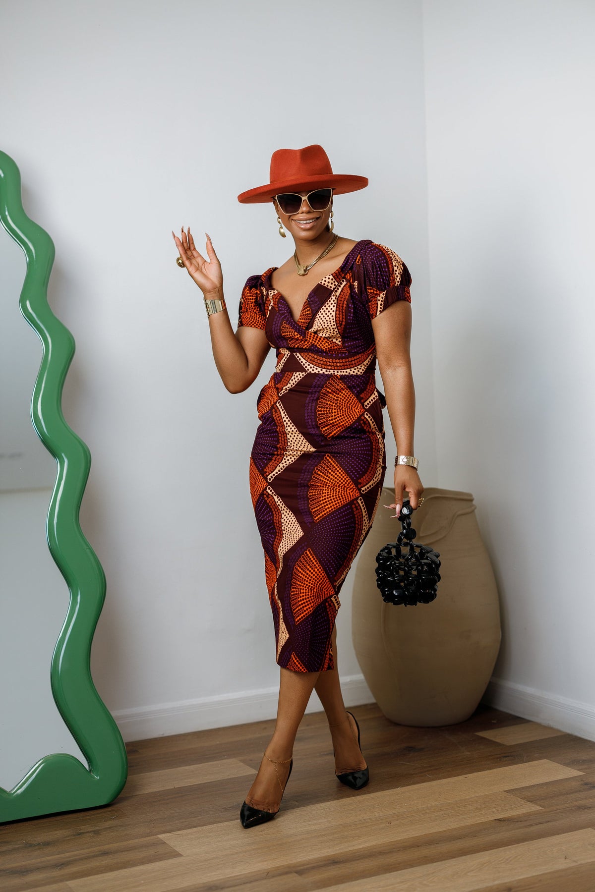 IDIA AFRICAN PRINT V-NECK PUFF SLEEVE MIDI DRESS [PURPLE]