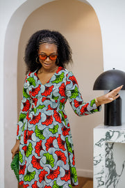 HIJA AFRICAN PRINT LONG SLEEVE MIDI DRESS [MULTICOLOR]