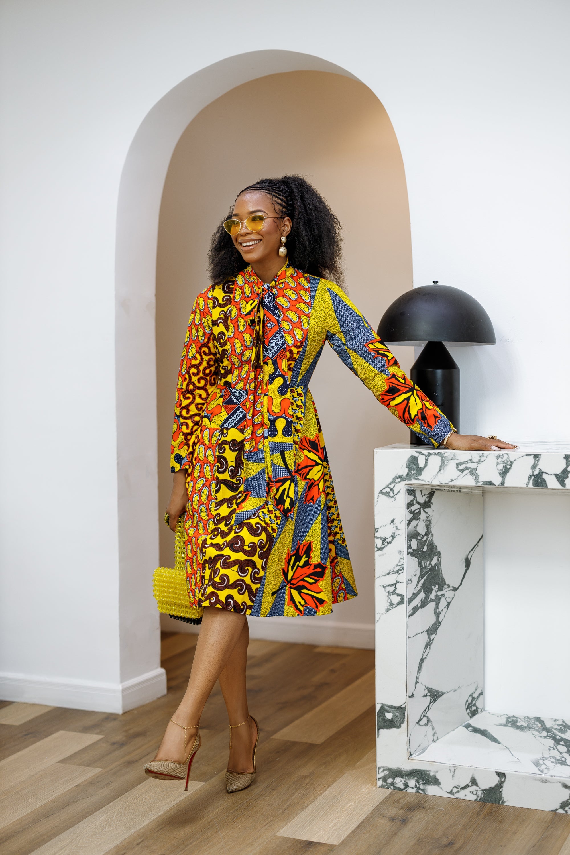 GILDA AFRICAN PRINT TIE-NECK MIDI DRESS [PATCHWORK]