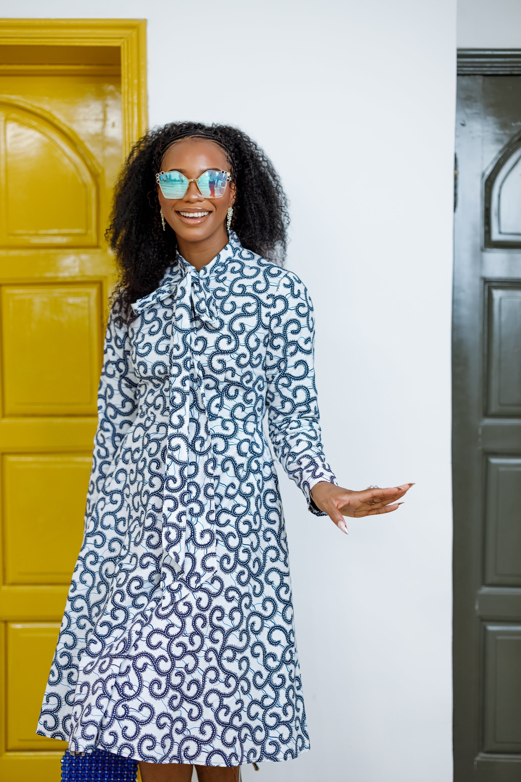 GILDA AFRICAN PRINT TIE-NECK MIDI DRESS