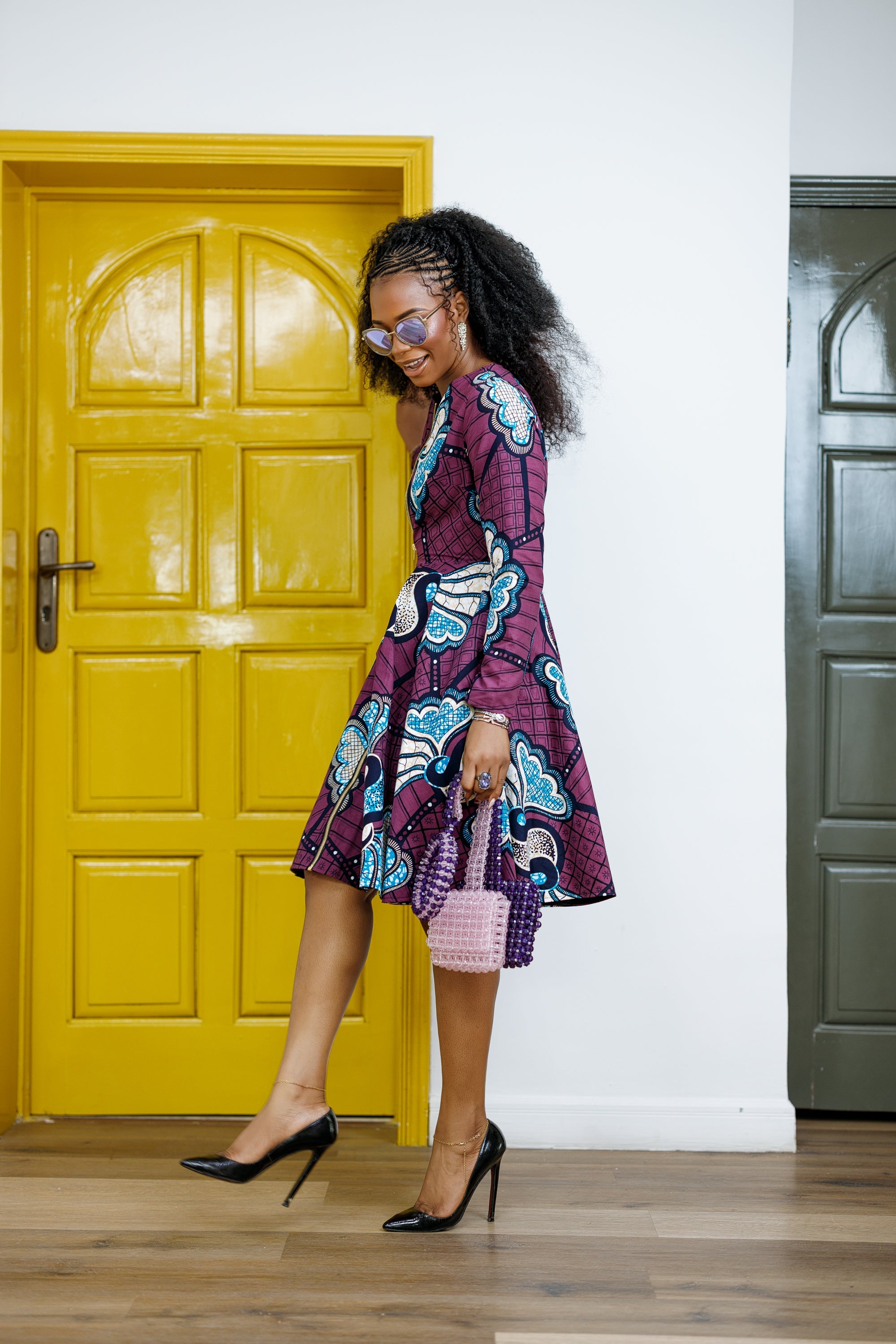 KEITA AFRICAN PRINT ZIP FRONT FLARE DRESS [PURPLE]
