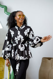 BIBI AFRICAN PRINT TIE NECK PEPLUM TOP [BLACK]