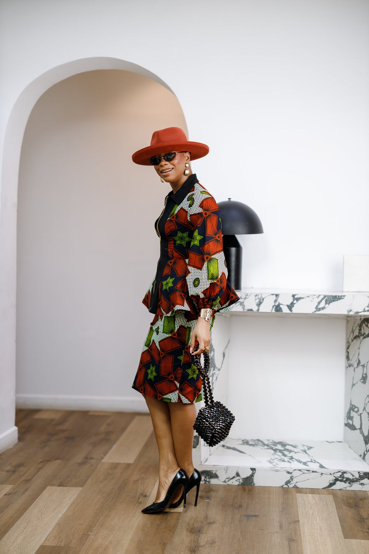 KANYIN AFRICAN PRINT ZIP-FRONT PEPLUM TOP AND SKIRT SET