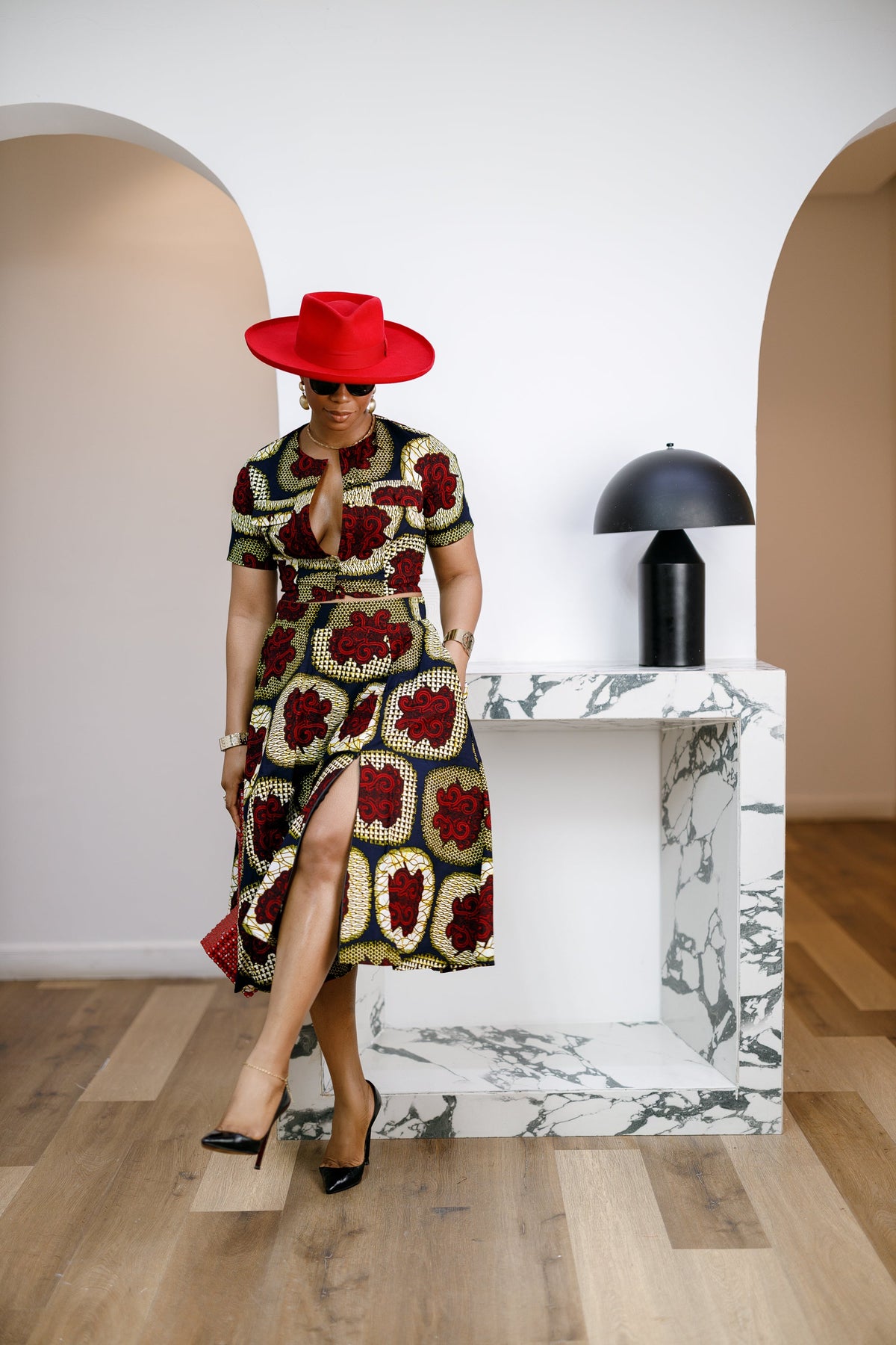 AMARA AFRICAN PRINT CROP TOP & MIDI SKIRT SET [RED]