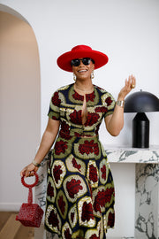 AMARA AFRICAN PRINT CROP TOP & MIDI SKIRT SET [RED]
