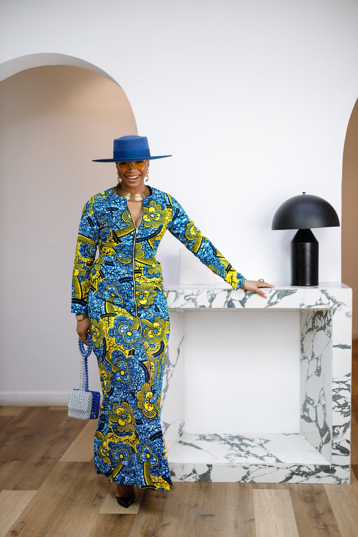 FARIDA AFRICAN PRINT LONG SLEEVE FRONT ZIP MAXI DRESS [MULTICOLOR]